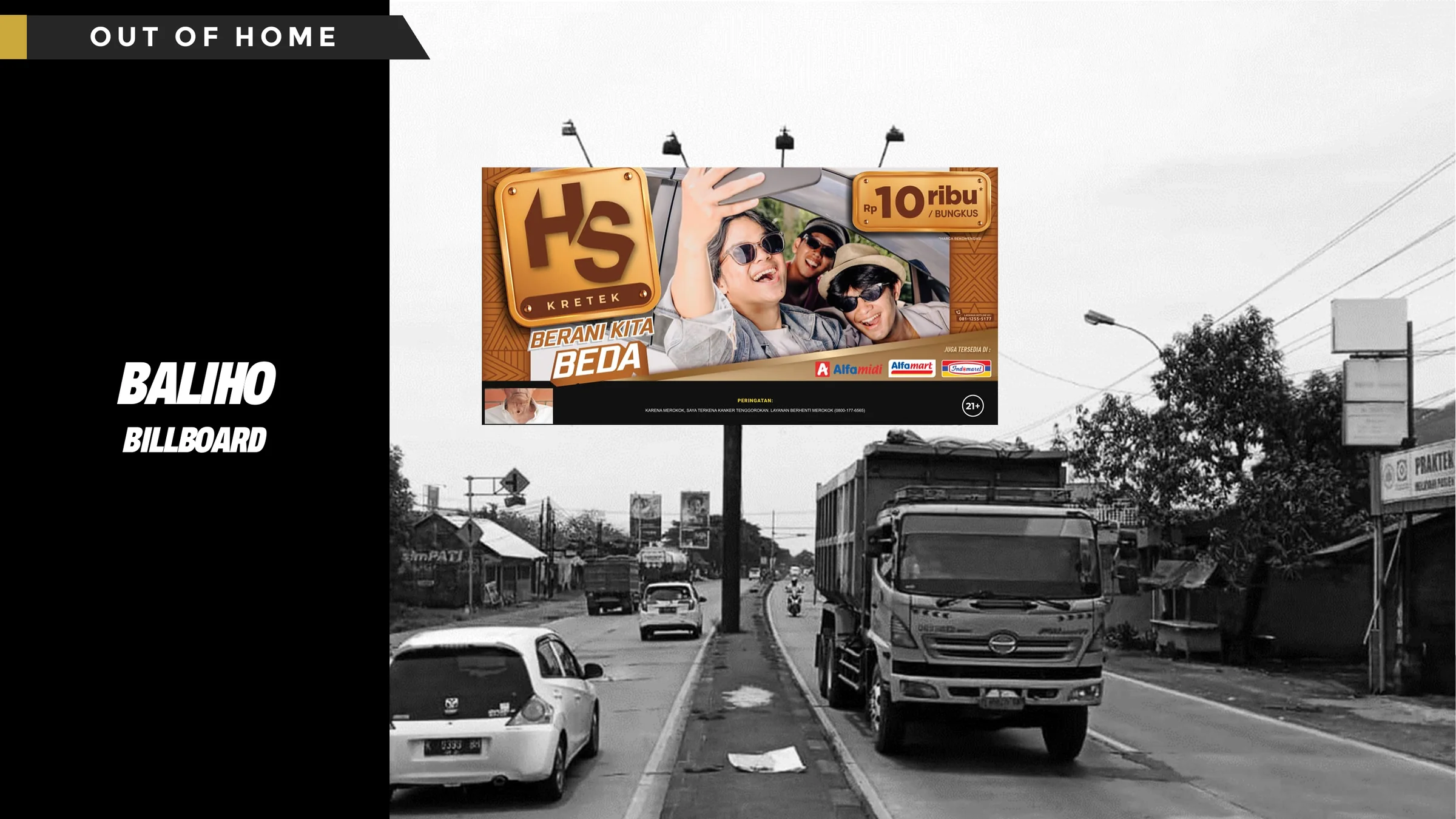 Portfolio page titled “Baliho / Billboard”: a landscape billboard key visual shown in a roadside out-of-home mock-up.
