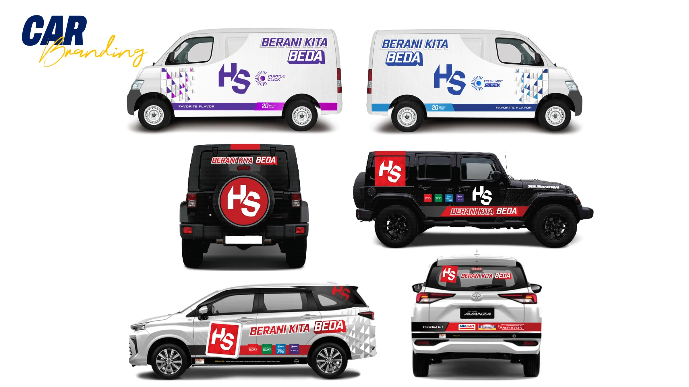 Portfolio page titled “Car Branding”: vehicle livery designs applied to vans, off-road vehicles and an MPV.