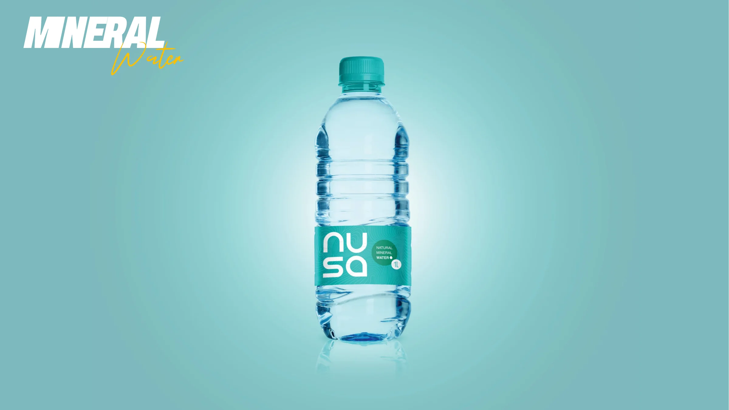 Portfolio page titled “Mineral Water”: a bottle mock-up with a teal “nusa” label on a teal background.